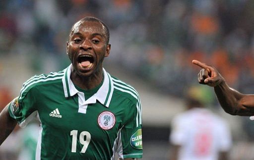 Nigeria's Sunday Mba celebrates after scoring on February 10, 2013 at Soccer City stadium